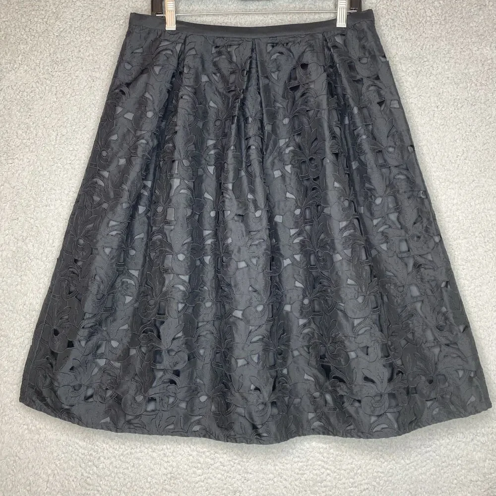 Talbots Silk Whymsy Fairy Midi Eyelet Overlay Lined Black Skirt A-line Size 14